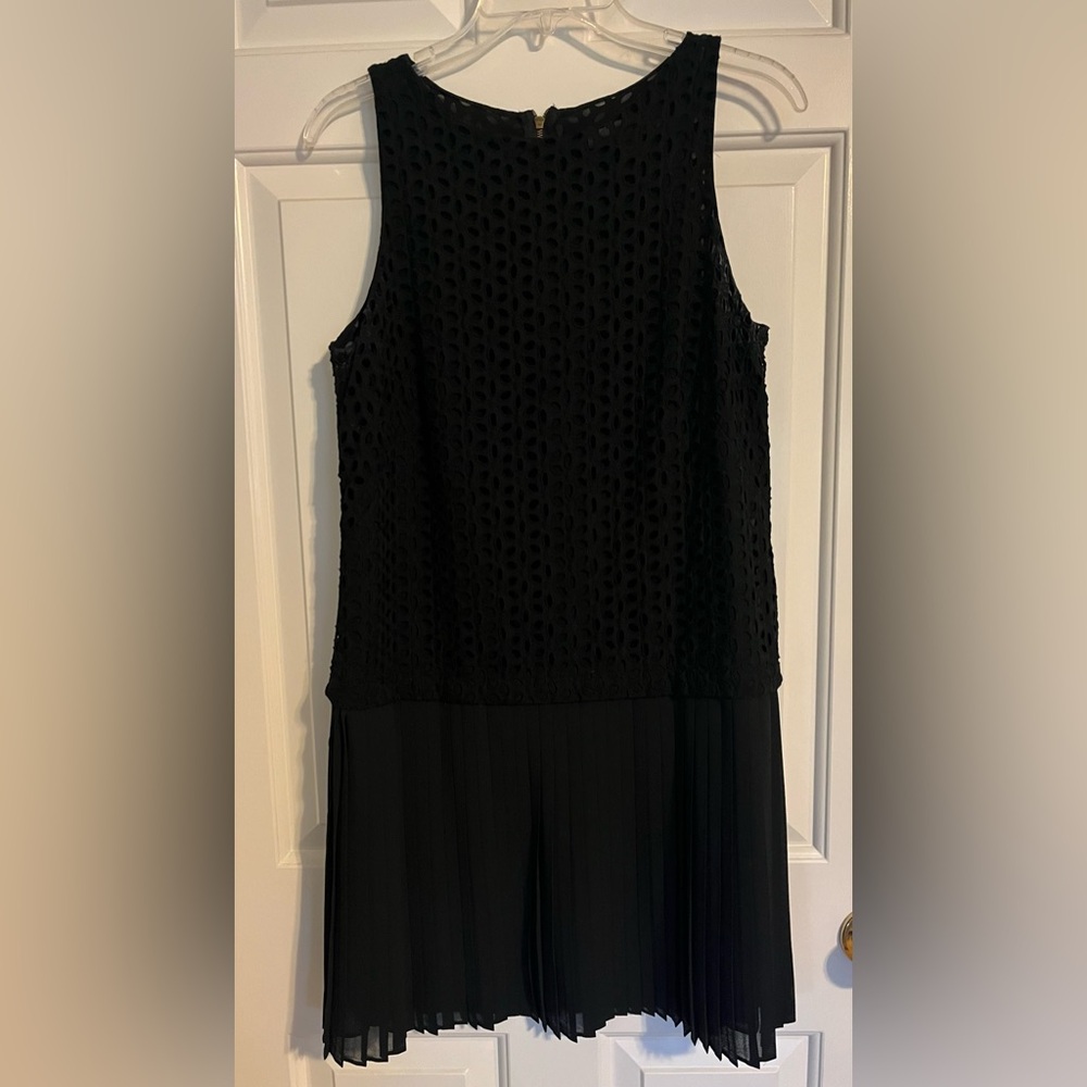 LOFT Black Sleeveless Lace-Top Dress with Pleated Skirt